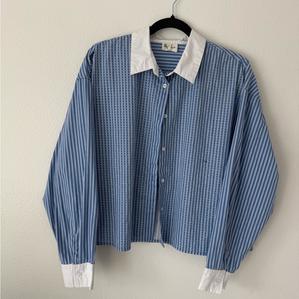 Blue Striped Button-Up Shirt with Rhinestones White Collar